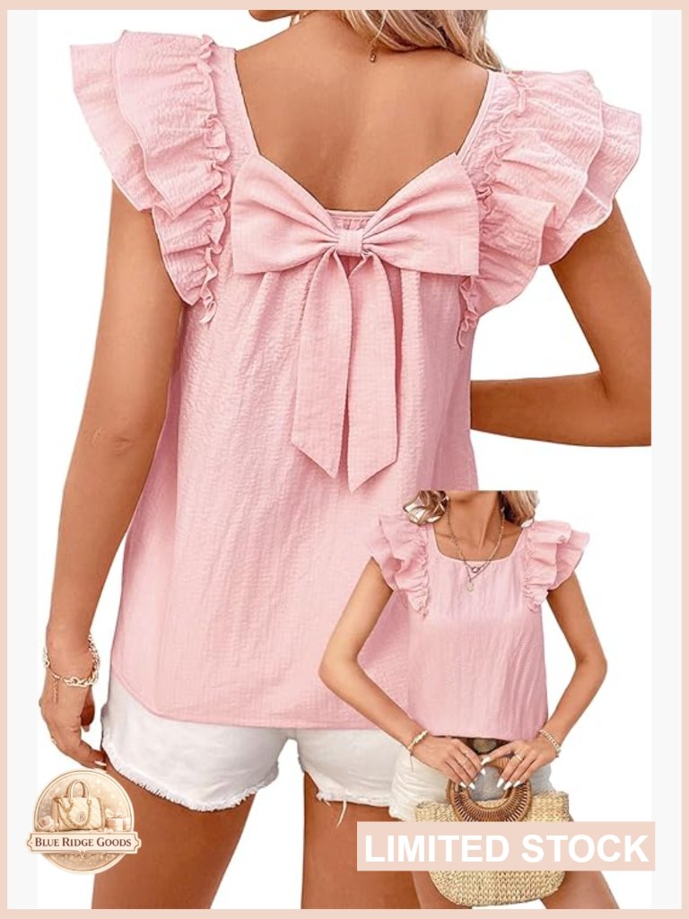Bow Tie Back Ruffle Short Sleeve Babydoll Blouse Chiffon Tee Summer Trendy Tunic